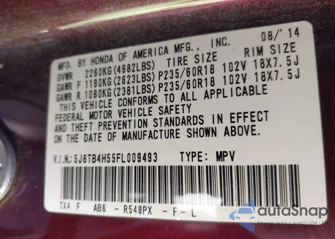 2015 Acura Rdx from USA, damaged, VIN 5J8TB4H55FL009493